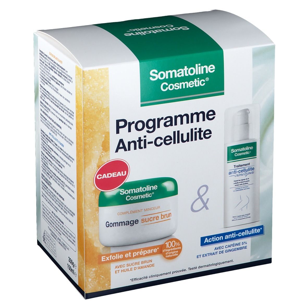 Coffret Somatoline Cosmetic Programme Anti-cellulite. Contient crème, gommage et emballage avec informations produit.