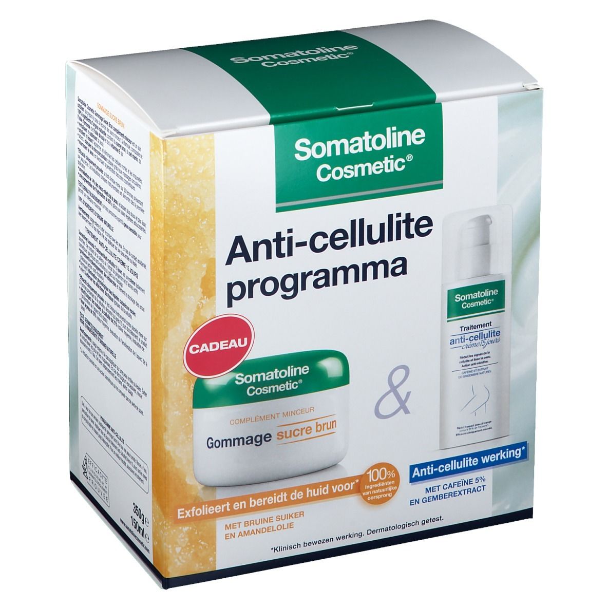 Coffret Somatoline Cosmetic Programme Anti-cellulite. Contient crème, gommage et emballage avec informations produit.