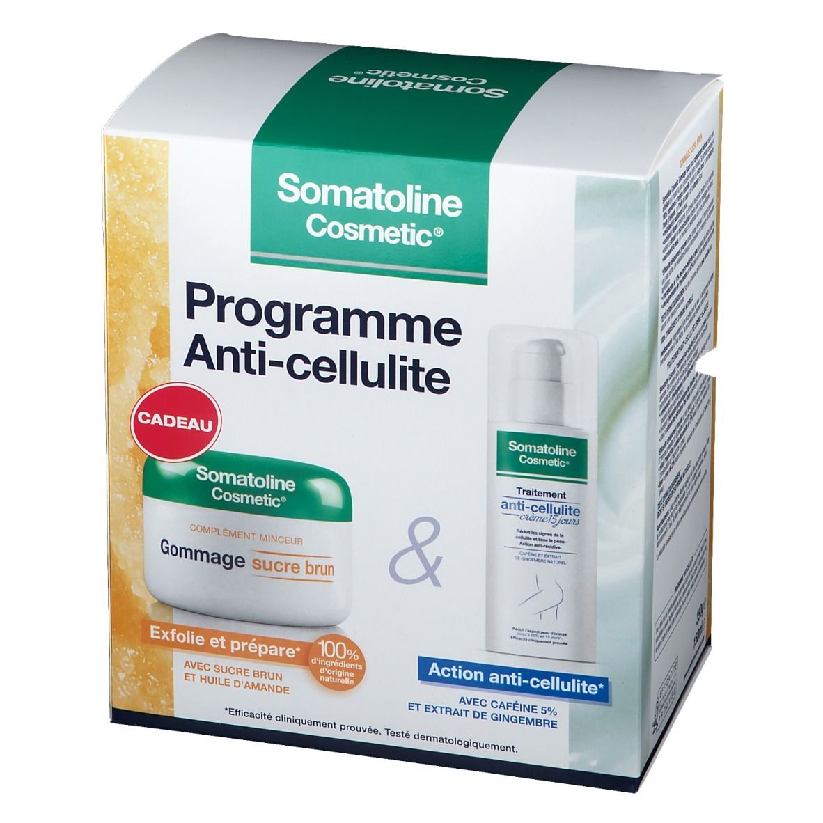 Coffret Somatoline Cosmetic Programme Anti-cellulite. Contient crème, gommage et emballage avec informations produit.