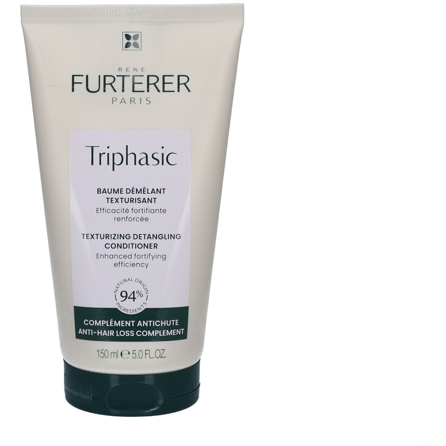 Beige Tube mit grünem Deckel. Aufschrift: Triphasic, Texturizing Detangling Conditioner. 94% natürliche Inhaltsstoffe.