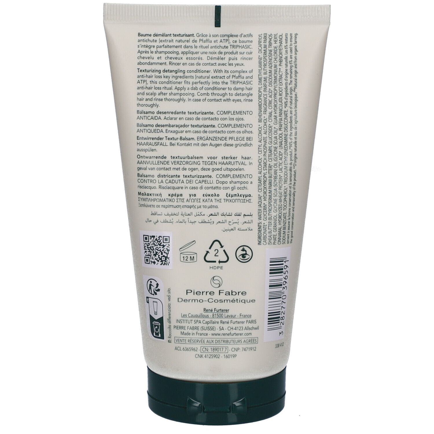 Rückseite der Tube. Text in mehreren Sprachen. Inhaltsstoffe, Herstellerinformationen, Recycling-Symbole.