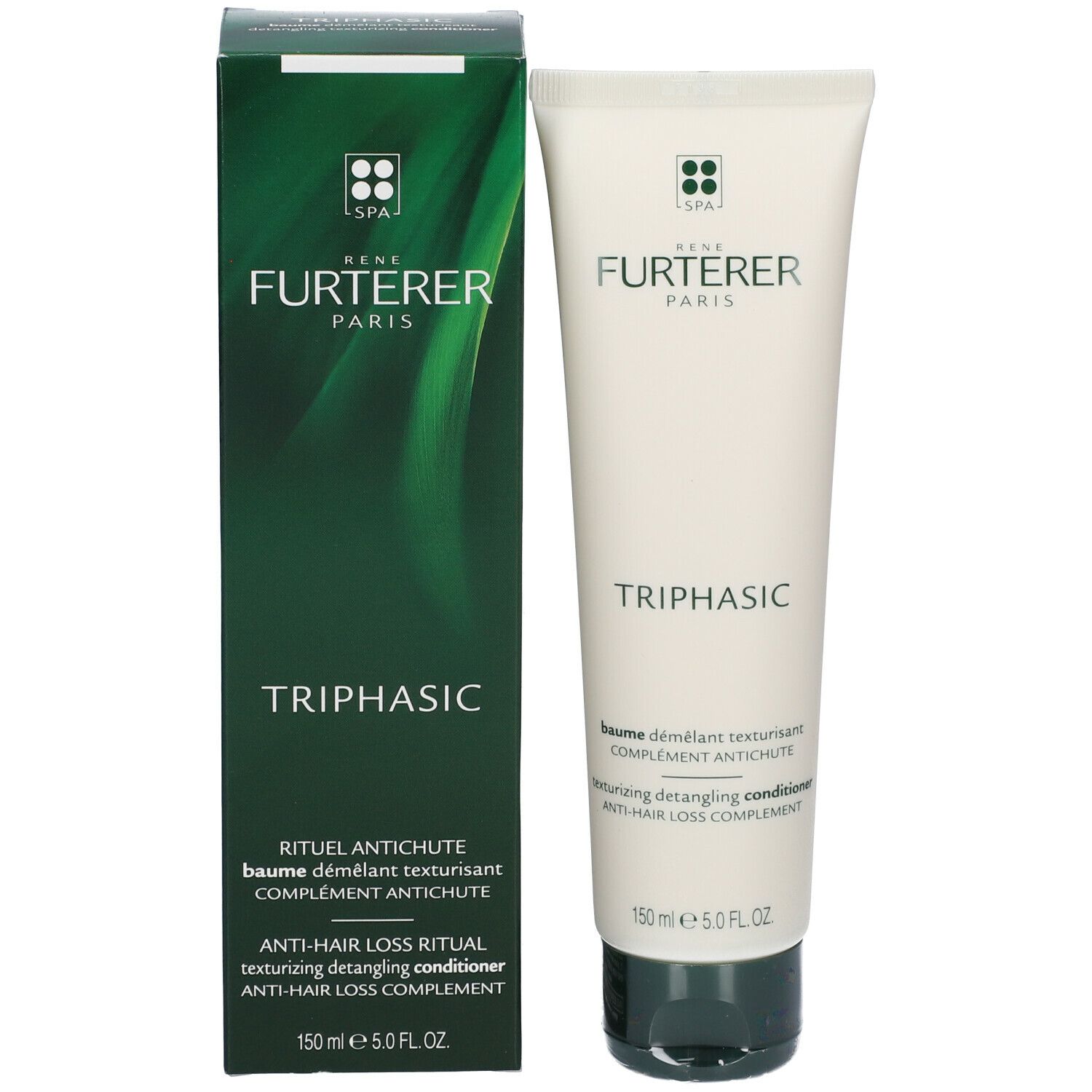 Grüne Schachtel und Tube. Aufschrift: Triphasic, Anti-Haarausfall Ritual. 150 ml. Conditioner.