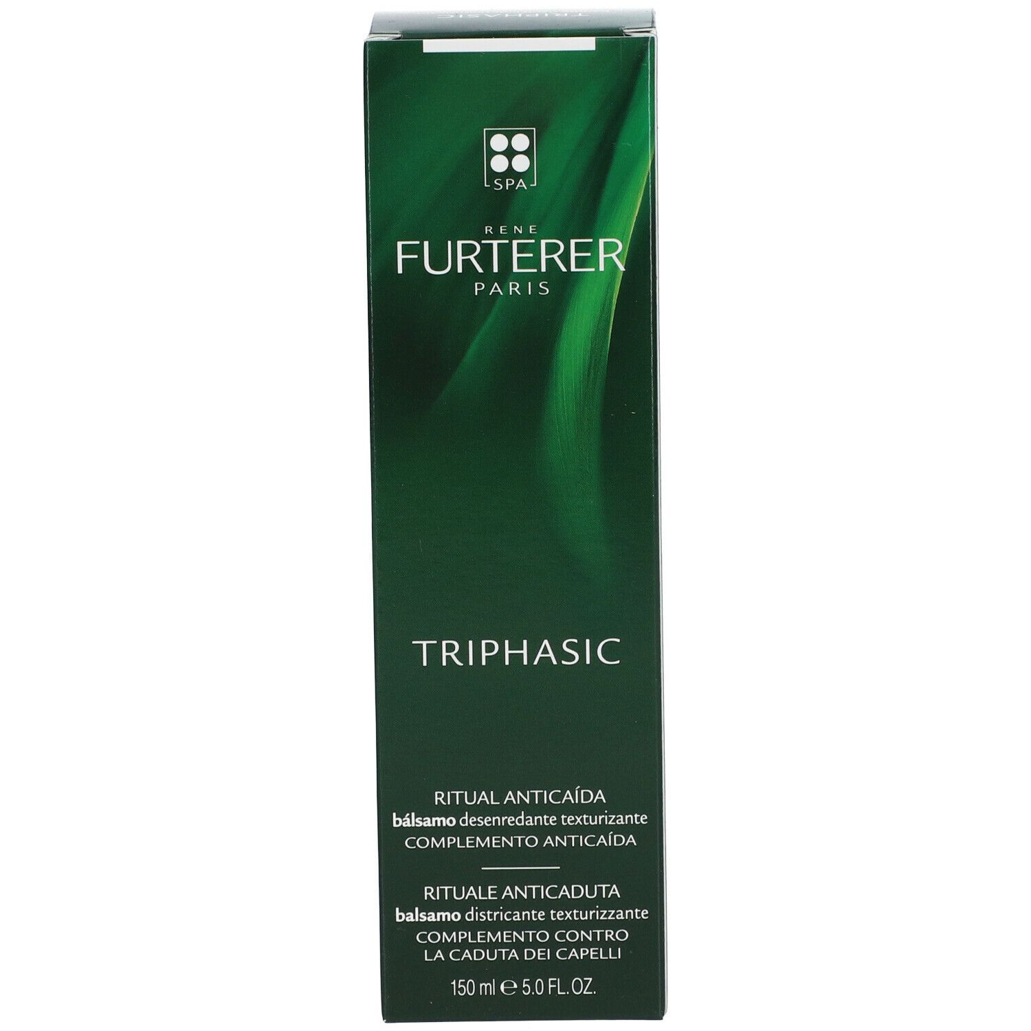 Grüne Schachtel. Aufschrift: Triphasic, Anti-Haarausfall Ritual. 150 ml. Conditioner.