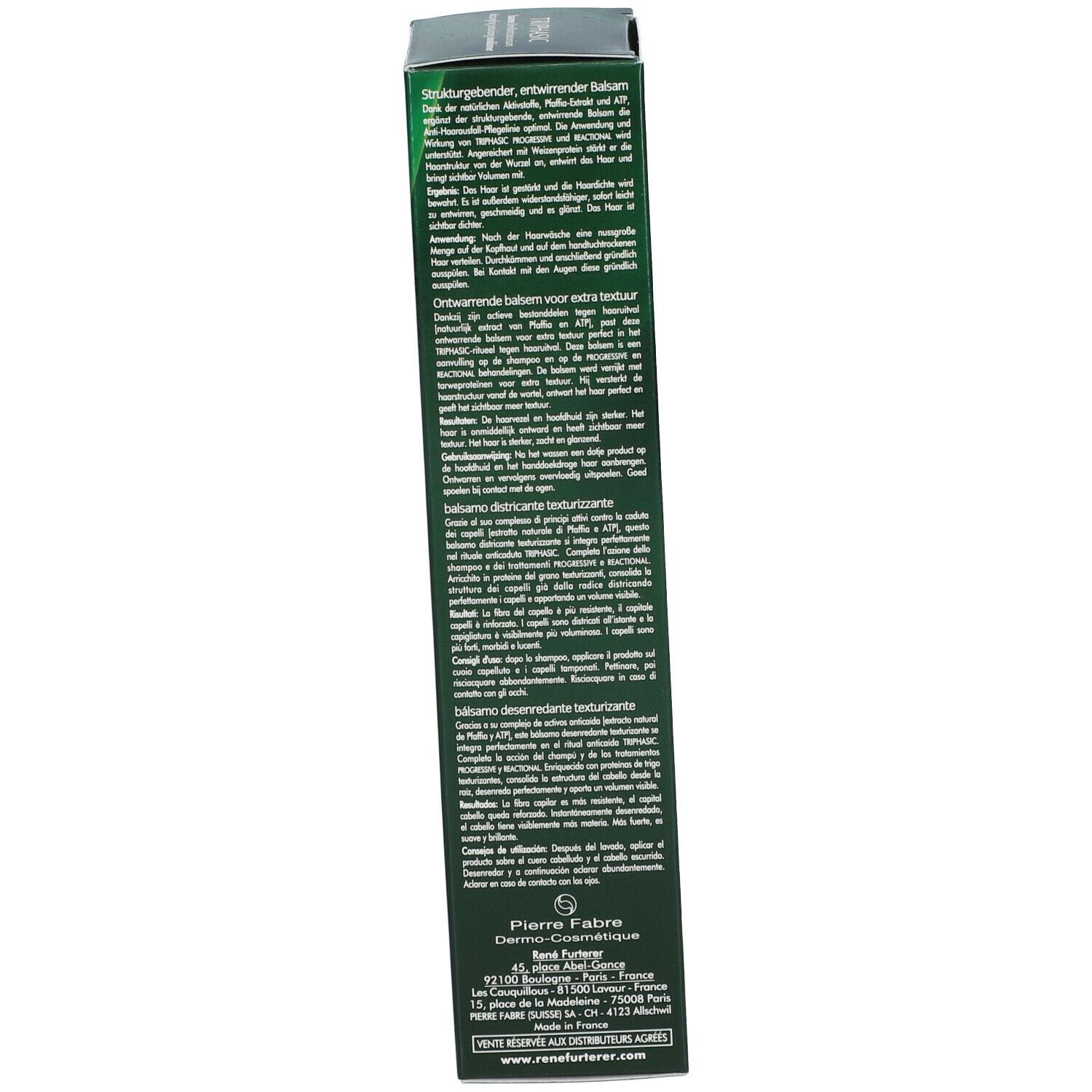Rückseite der grünen Schachtel. Text in mehreren Sprachen. Produktinformationen, Hersteller.