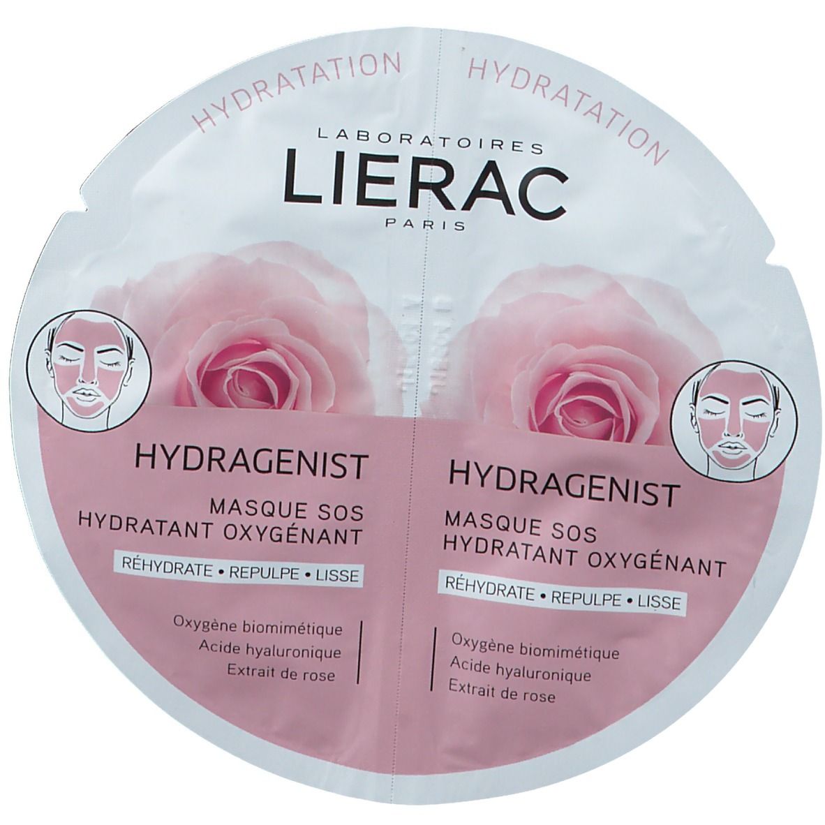 Dubbele verpakking gezichtsmasker HYDRAGENIST. Merk LIERAC. Roze verpakking met rozenmotief en productinfo.