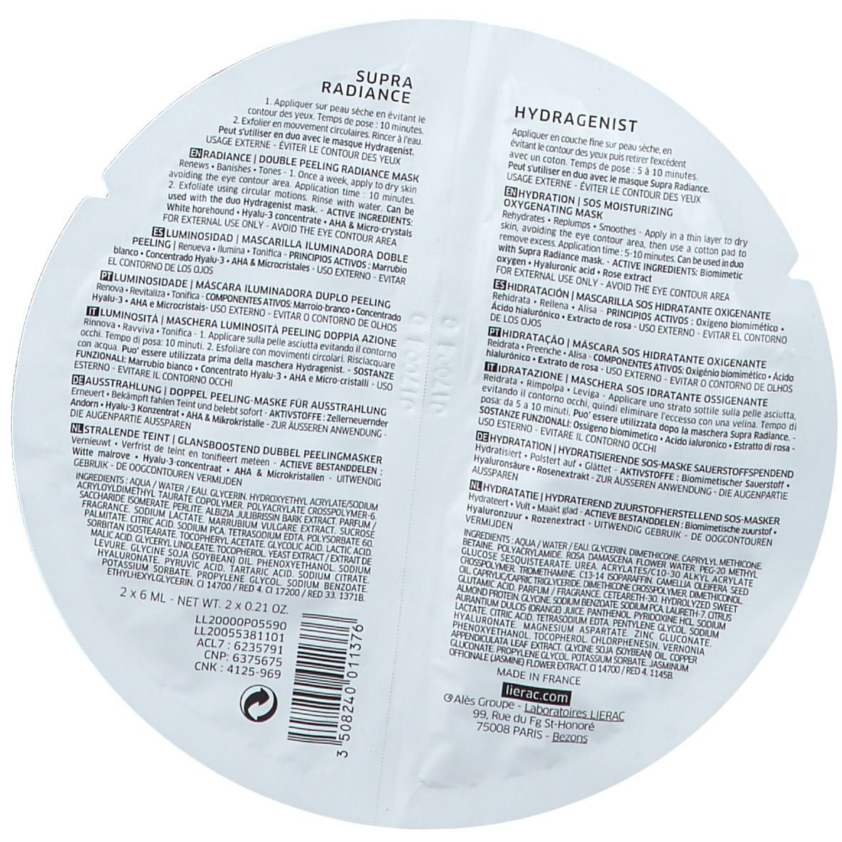 Emballage de masque rond blanc avec texte en plusieurs langues. Contient des informations sur Hydragenist et Supra Radiance.