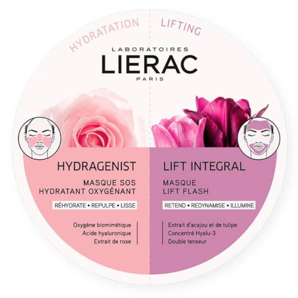 Ronde masker, verdeeld in roze en paarse secties. Logo's en tekst: LIERAC, Hydragenist, Lift Integral. Bloemenillustraties.