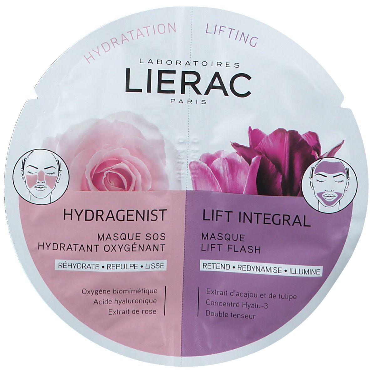 Ronde masker, verdeeld in roze en paarse secties. Logo's en tekst: LIERAC, Hydragenist, Lift Integral. Bloemenillustraties.