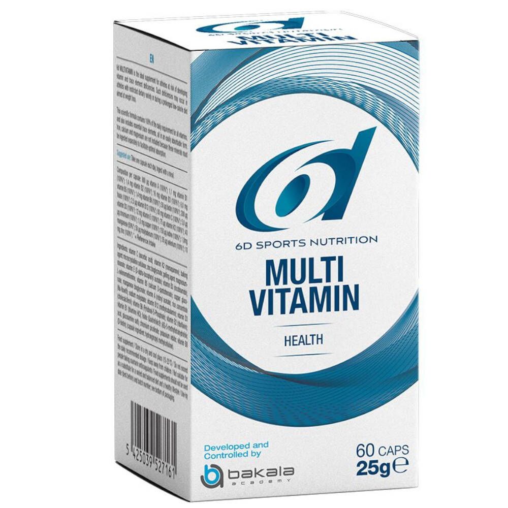 Boîte blanche et bleue. Inscription : 6D Sports Nutrition Multi Vitamin. 60 gélules, 25g. Marque Bakala.