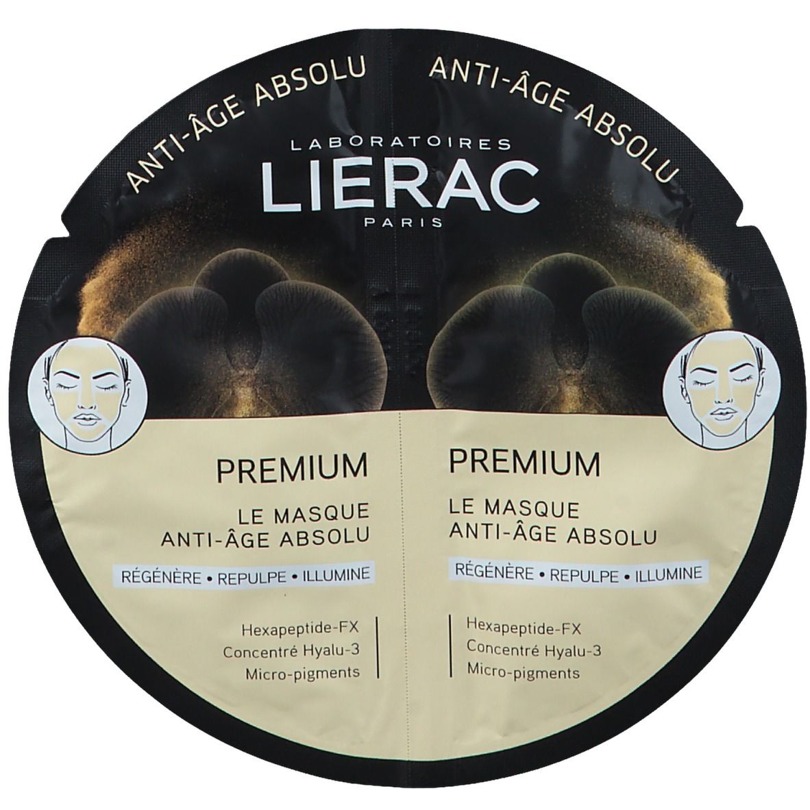 Pack de deux masques faciaux. Fond noir avec informations produit et logo LIERAC. Texte : ANTI-ÂGE ABSOLU, PREMIUM. Ingrédients.