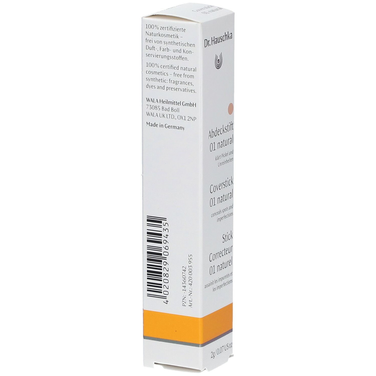 Emballage du Dr. Hauschka Stick Correcteur 01 natur. Blanc avec accents orange. Texte en allemand et anglais. Code-barres.