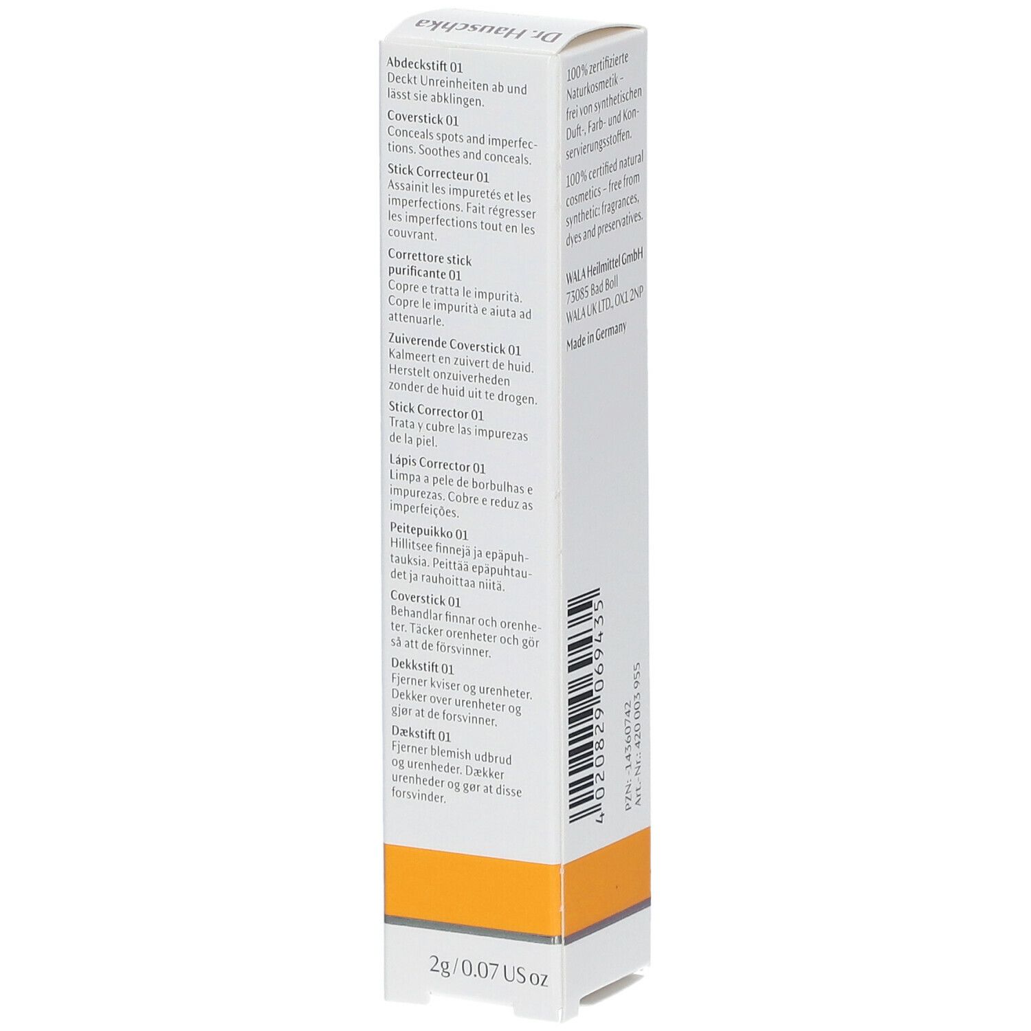 Dos de l'emballage du Dr. Hauschka Stick Correcteur 01 natur. Texte multilingue. 2g/0.07 US oz.