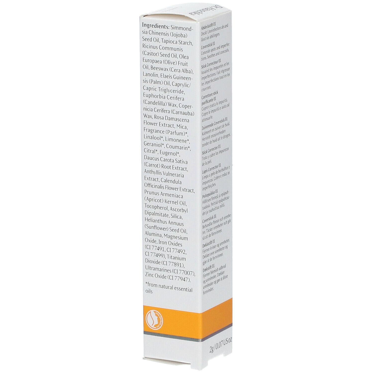 Emballage du Dr. Hauschka Stick Correcteur 01 natur. Liste des ingrédients. Texte en anglais. 2g/0.07 US oz.