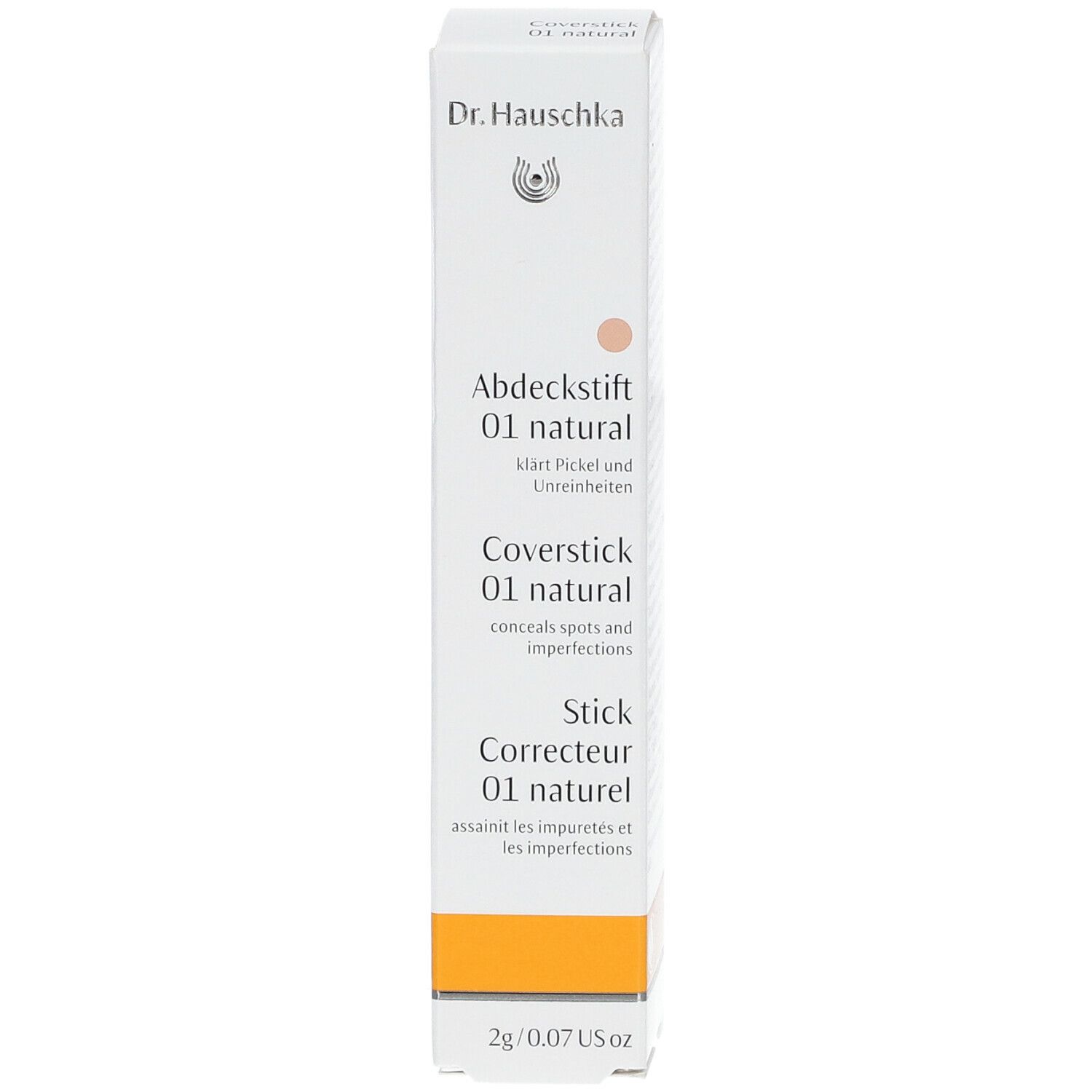 Face avant de l'emballage du Dr. Hauschka Stick Correcteur 01 natur. Blanc avec accents orange. Nom du produit.