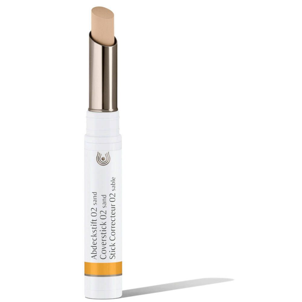 Stick correcteur 02 sable ouvert. Mine beige, étui argenté, bâton blanc. Inscription : Abdeckstift 02 sand, Coverstick 02 sand, Stick Correcteur 02 sable.