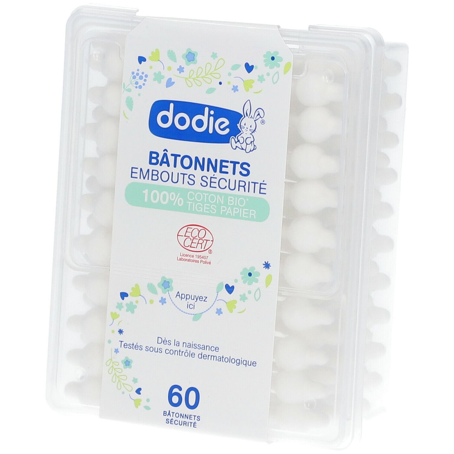 Verpakking Dodie baby wattenschijfjes. 60 stuks. Bio katoenen uiteinden, papieren stokjes. EcoCert gecertificeerd.