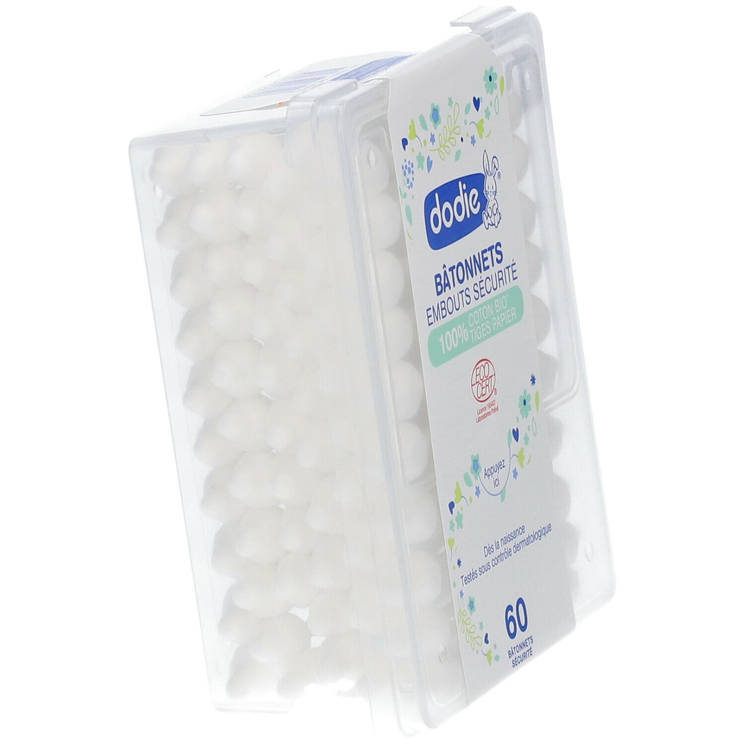 Open verpakking Dodie baby wattenschijfjes. Katoenen uiteinden, papieren stokjes. Zicht op de inhoud.