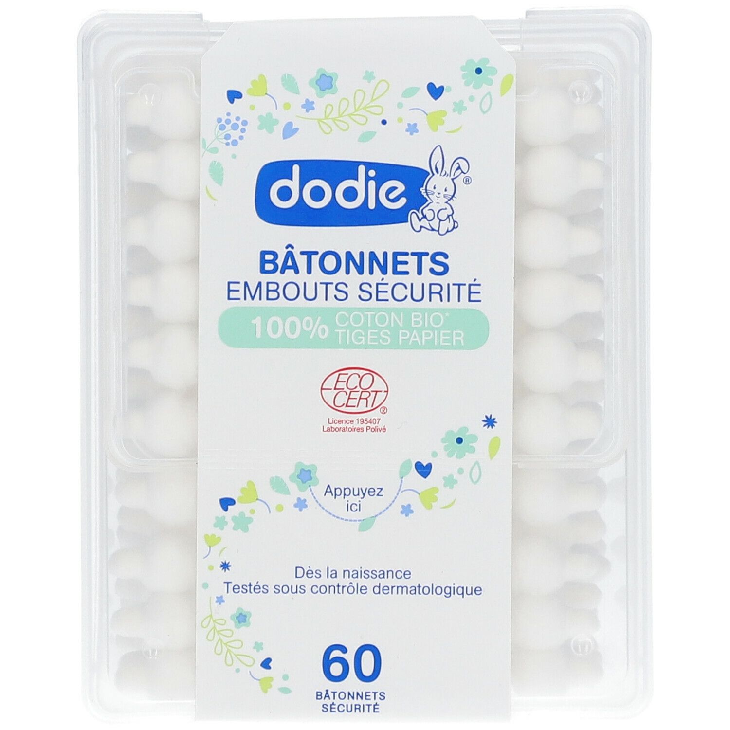 Verpakking Dodie baby wattenschijfjes. 60 stuks. Bio katoenen uiteinden, papieren stokjes. EcoCert gecertificeerd.
