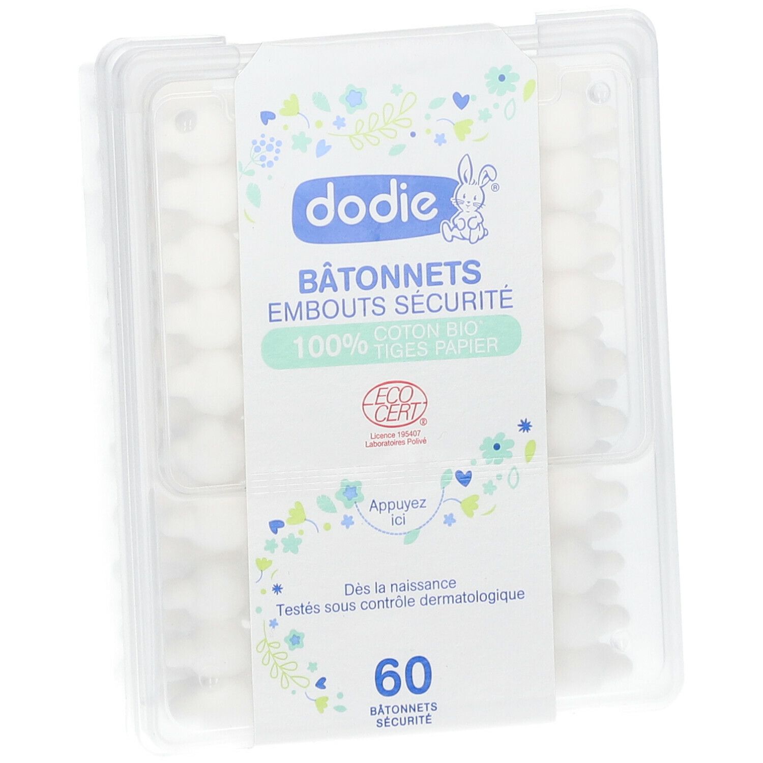 Verpakking Dodie baby wattenschijfjes. 60 stuks. Bio katoenen uiteinden, papieren stokjes. EcoCert gecertificeerd.
