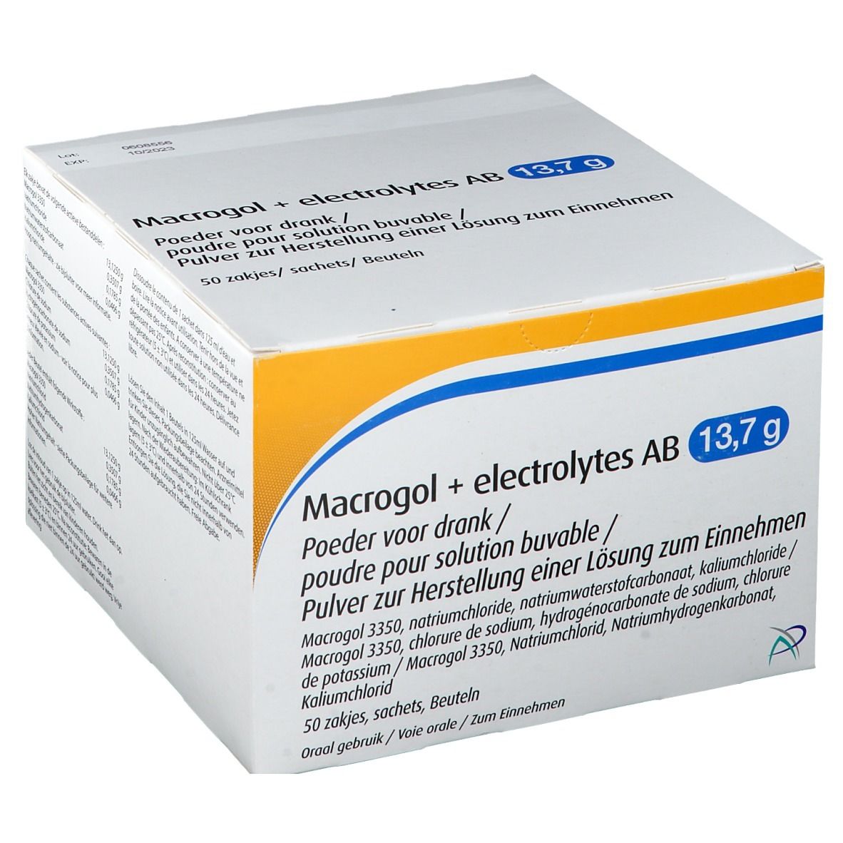 Doos Macrogol + electrolytes AB 13,7g. Blauwe en gele accenten. Tekst in het Duits, Frans, Nederlands en Italiaans.