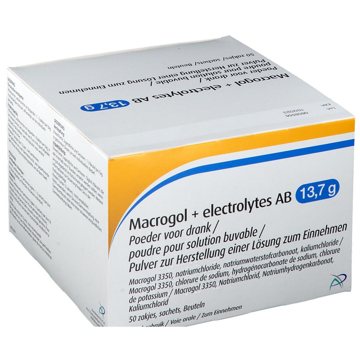 Schuine weergave van de verpakking Macrogol + electrolytes AB 13,7g. Blauwe en gele accenten. Meertalige tekst.