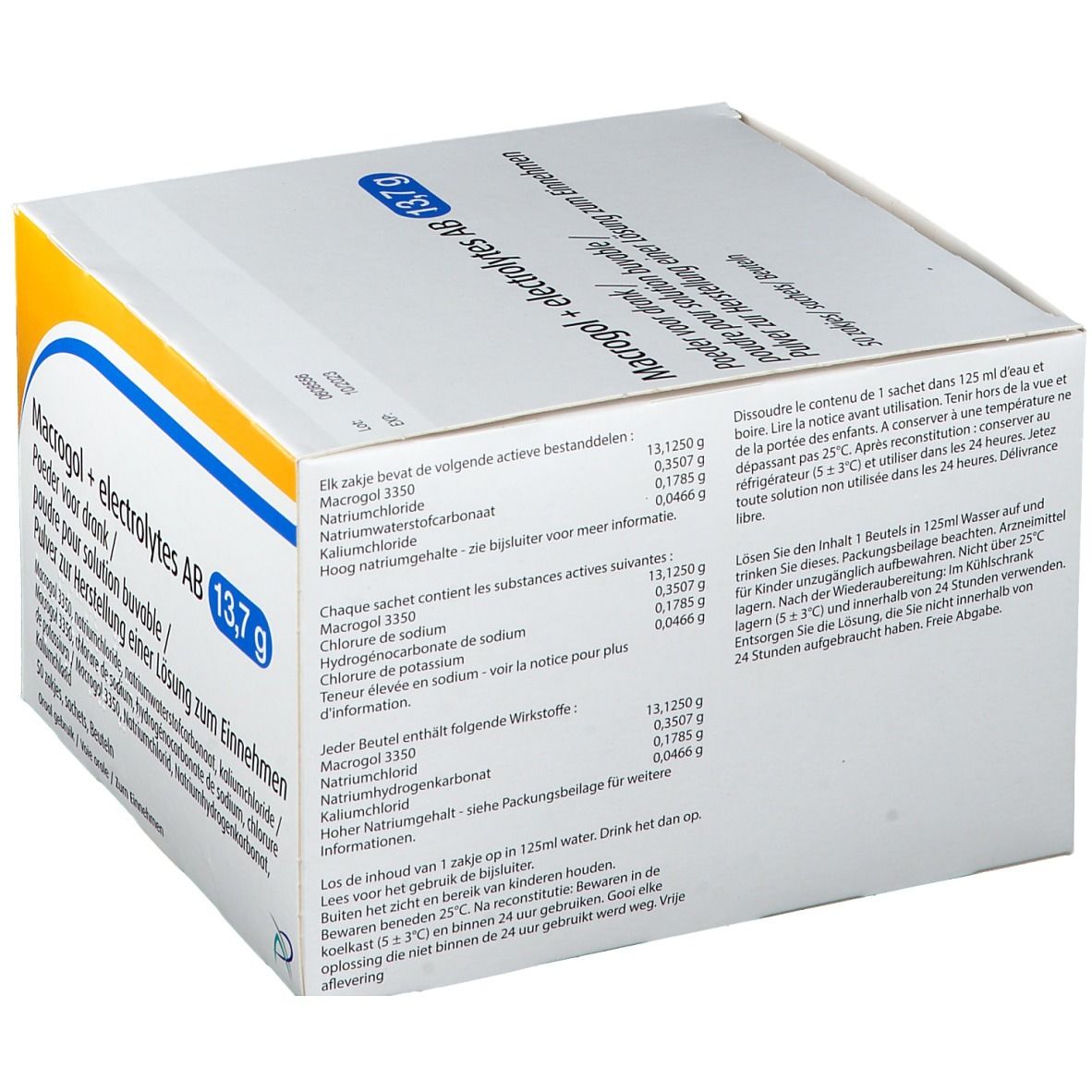 Achterkant van de verpakking Macrogol + electrolytes AB 13,7g. Tekst over ingrediënten en gebruik in meerdere talen.