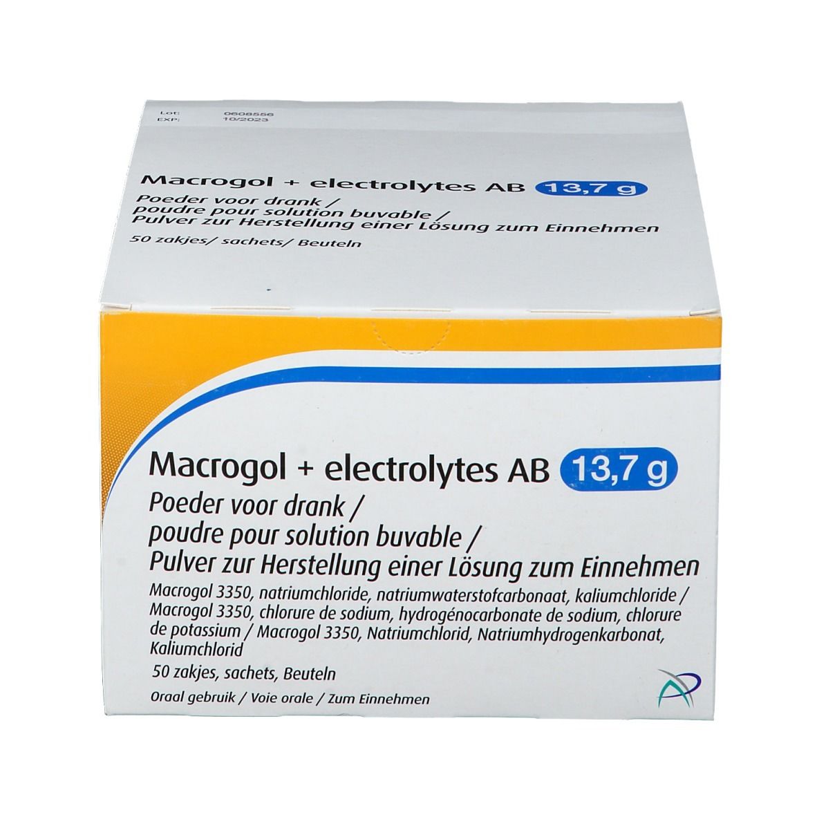 Verpakking Macrogol + electrolytes AB 13,7g. Blauwe en gele accenten. Meertalige tekst.