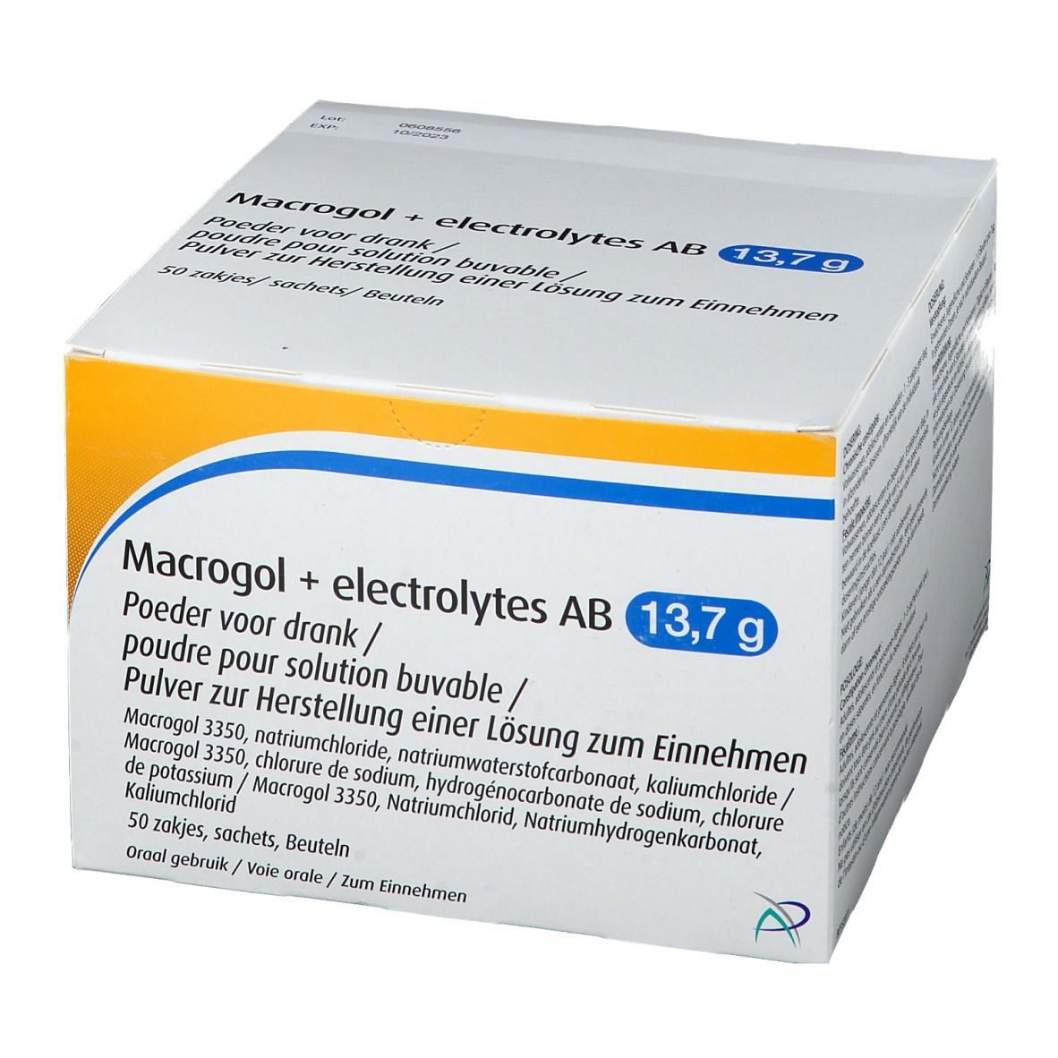 Verpakking Macrogol + electrolytes AB 13,7g. Blauwe en gele accenten. Meertalige tekst.