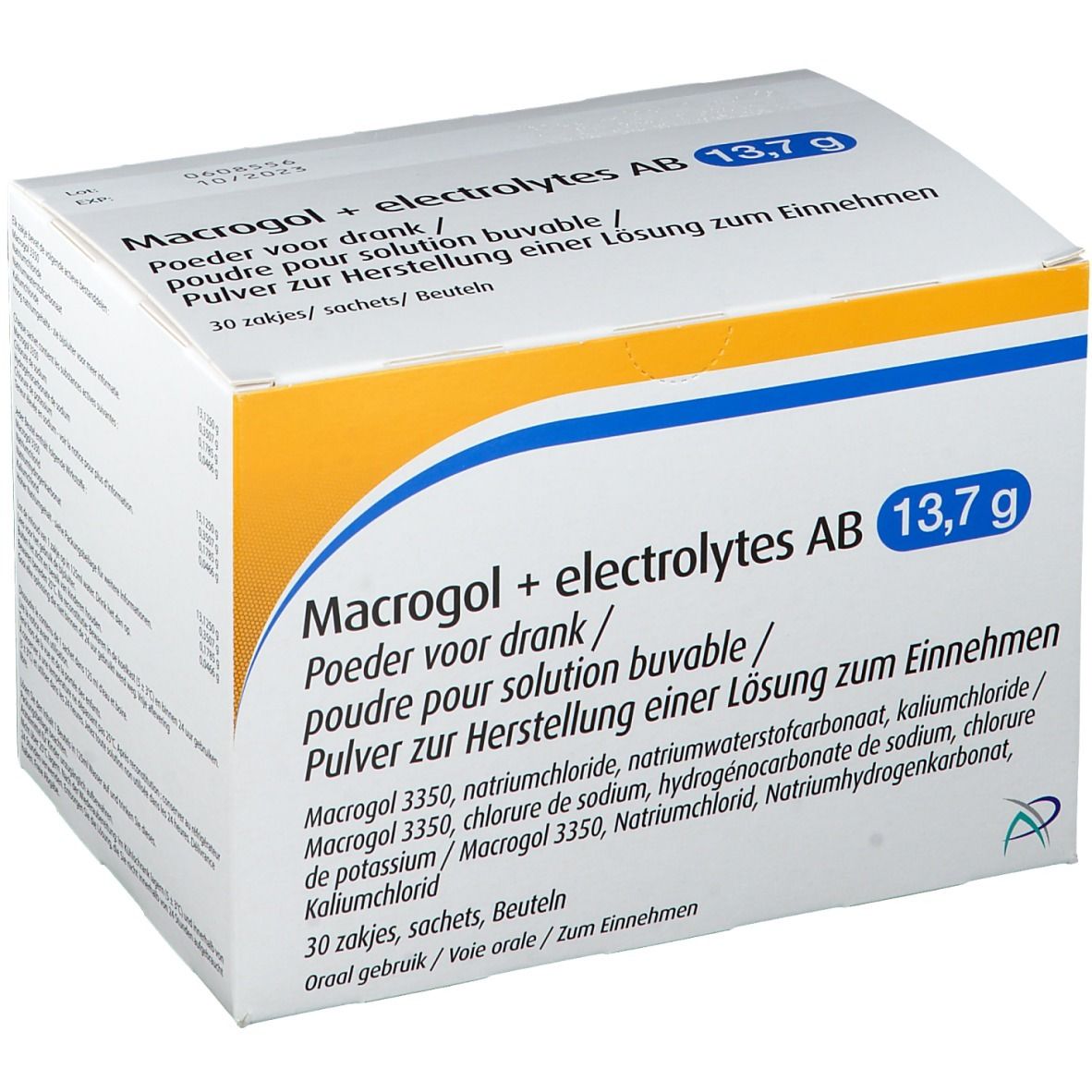Doos met productinformatie. Opschrift: Macrogol + electrolytes AB 13,7g. Bevat 30 zakjes.