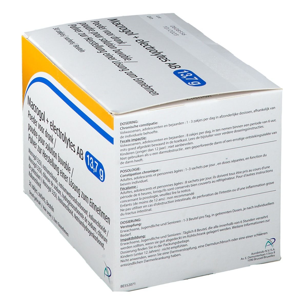 Doos met productinformatie. Opschrift: Macrogol + electrolytes AB 13,7g. Achterkant met doseringsinstructies.