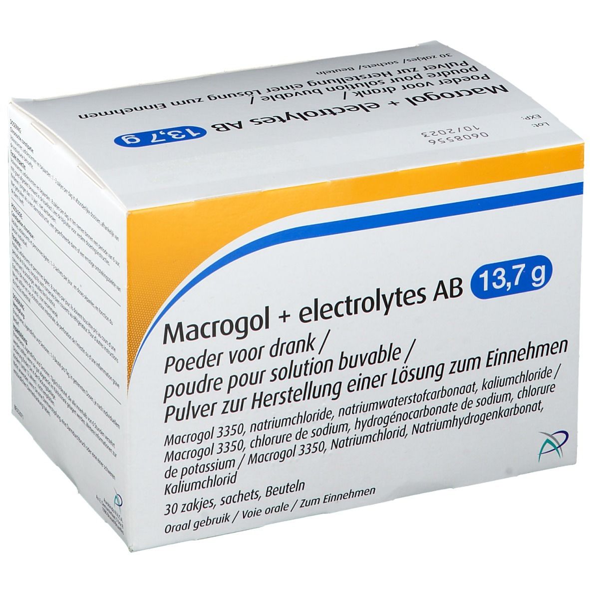 Doos met productinformatie. Opschrift: Macrogol + electrolytes AB 13,7g. Bevat 30 zakjes. Houdbaarheidsdatum.