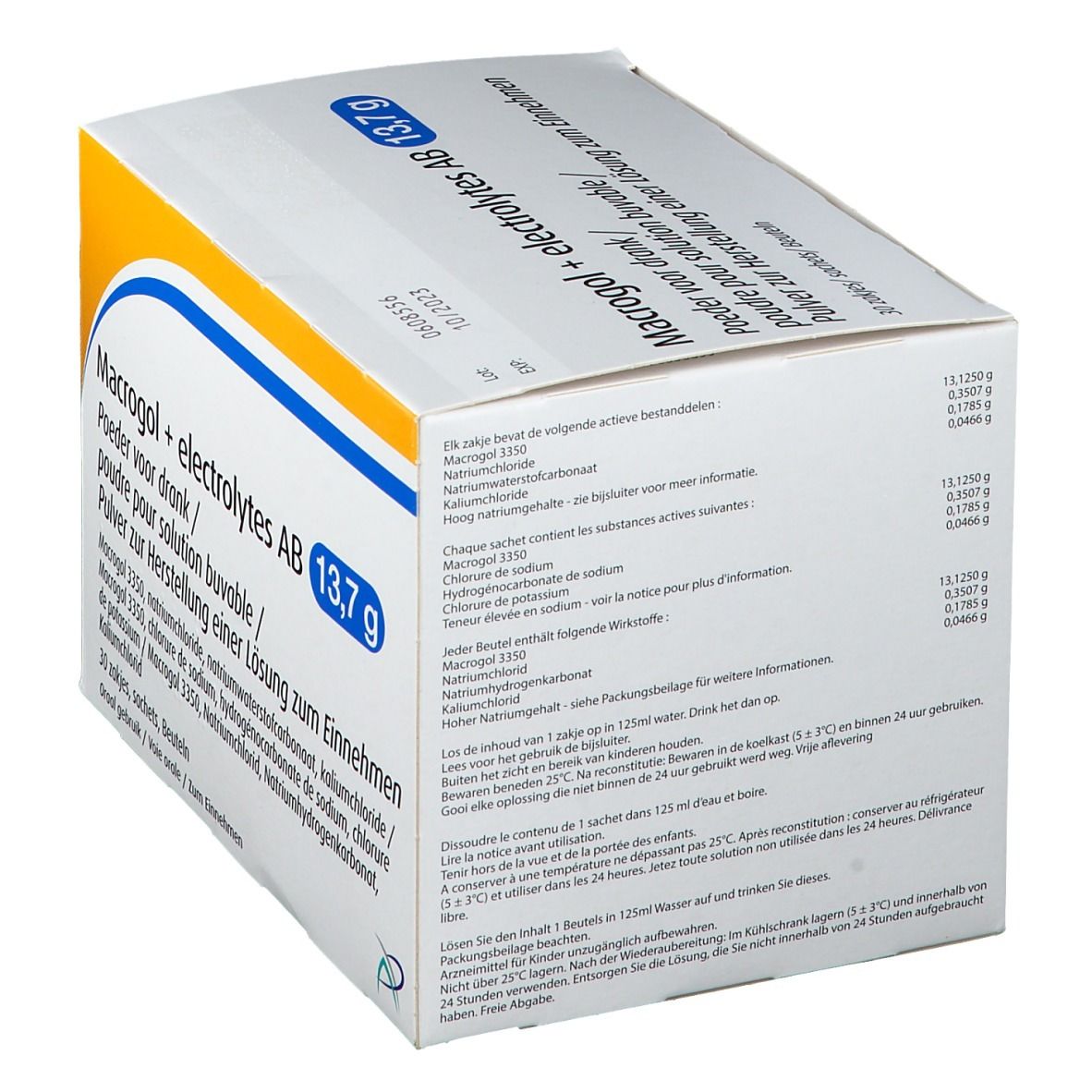 Doos met productinformatie. Opschrift: Macrogol + electrolytes AB 13,7g. Ingrediënten en dosering.