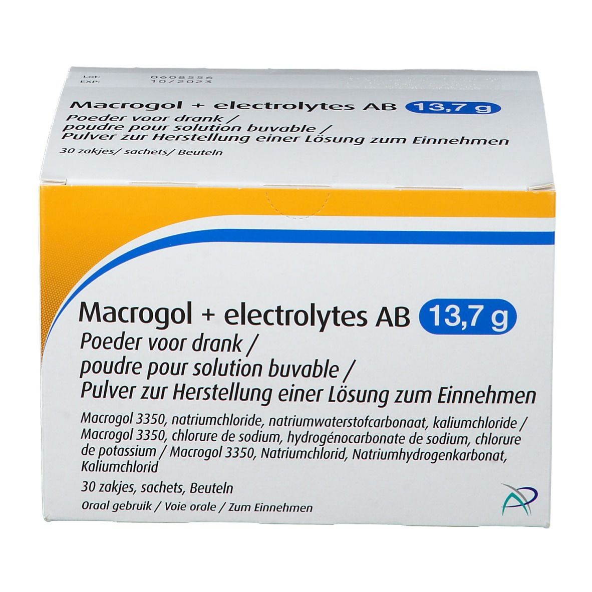 Doos met productinformatie. Opschrift: Macrogol + electrolytes AB 13,7g. Bevat 30 zakjes. Vooraanzicht.