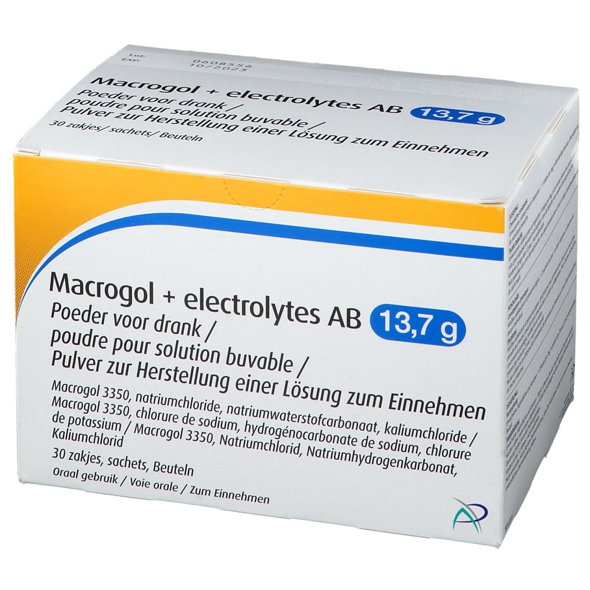 Doos met productinformatie. Opschrift: Macrogol + electrolytes AB 13,7g. Bevat 30 zakjes. Vooraanzicht.
