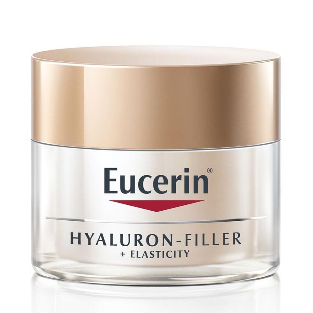 Pot de crème avec couvercle doré.  "Eucerin" et "HYALURON-FILLER + ELASTICITY" sont visibles.