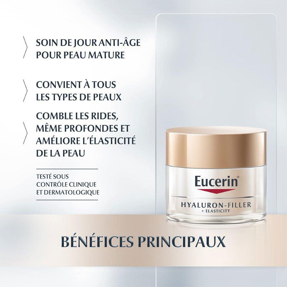 Produit avec texte: "SOIN DE JOUR ANTI-ÂGE POUR PEAU MATURE".  "Eucerin" et "HYALURON-FILLER + ELASTICITY" sont visibles.