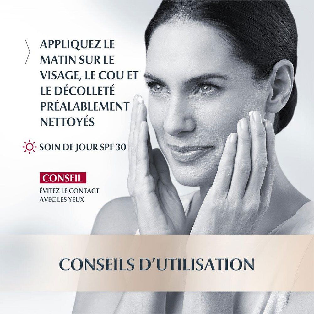 Femme touchant son visage. Texte: "APPLIQUEZ LE MATIN SUR LE VISAGE, LE COU ET LE DÉCOLLETÉ".  "SOIN DE JOUR SPF 30" est visible.