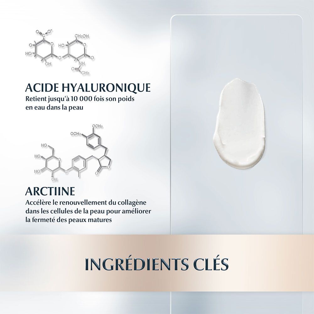 Structures chimiques et crème. Texte: "ACIDE HYALURONIQUE" et "ARCTIINE".  "INGRÉDIENTS CLÉS" est visible.