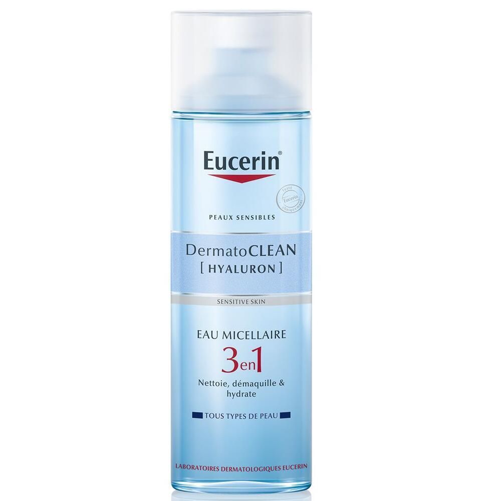 Eucerin DermatoCLEAN lotion micellaire. Bouteille bleue avec bouchon blanc. Nom du produit et marque visibles.