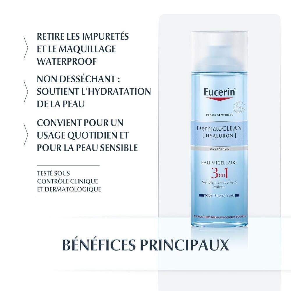 Eucerin DermatoCLEAN lotion micellaire. Texte avec avantages: élimine les impuretés et le maquillage waterproof.