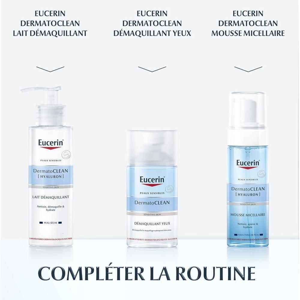 Gamme Eucerin: lait démaquillant, démaquillant yeux, mousse micellaire. Tous avec logo Eucerin.