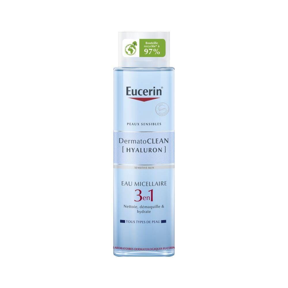 Eucerin DermatoCLEAN 3en1 Eau Micellaire. Bouteille bleue et blanche. Inscription: Eucerin, DermatoCLEAN, 3en1, Hyaluron.