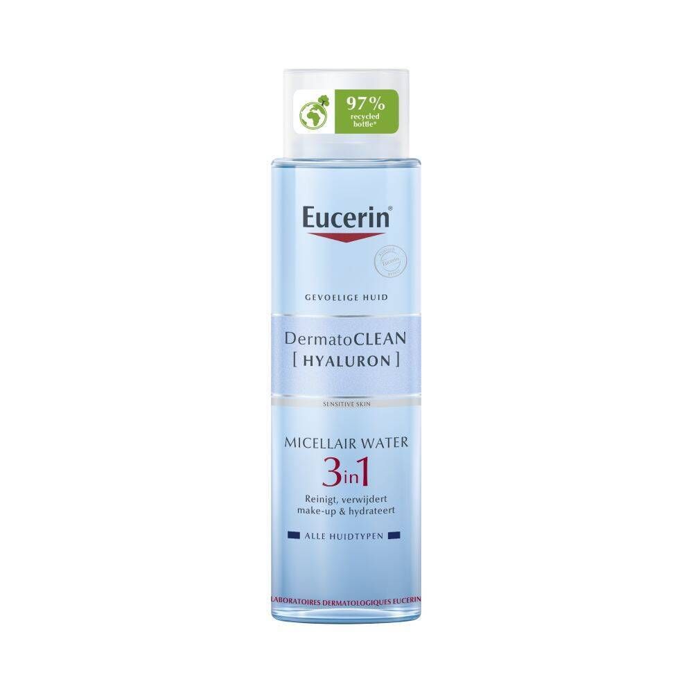 Eucerin DermatoCLEAN 3in1 Micellair Water. Blauwe fles met witte dop. Tekst: Eucerin, DermatoCLEAN, 3in1, Hyaluron.