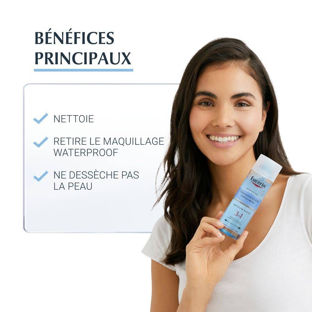 Femme tenant Eucerin DermatoCLEAN 3en1. Texte: Nettoie, démaquille waterproof, ne dessèche pas la peau.