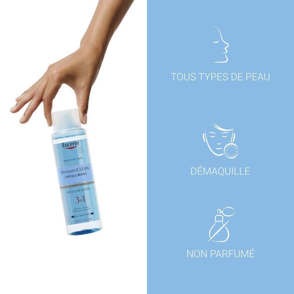 Main tenant Eucerin DermatoCLEAN 3en1. Texte: Tous types de peau, démaquille, non parfumé.