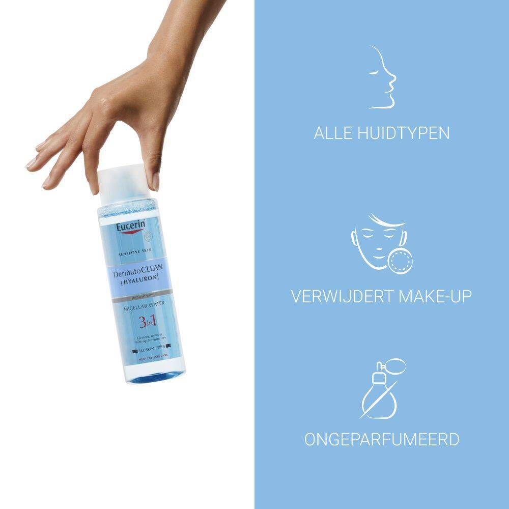 Hand houdt Eucerin DermatoCLEAN 3in1 vast. Tekst: Alle huidtypen, verwijdert make-up, ongeparfumeerd.