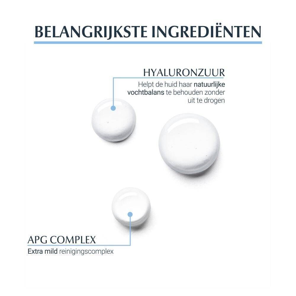 Belangrijkste ingrediënten: Hyaluronzuur en APG Complex. Witte druppels op witte achtergrond.
