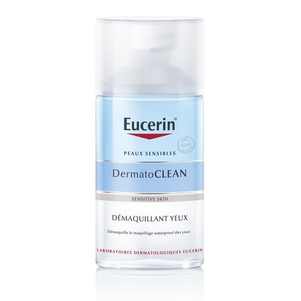 Eucerin DermatoCLEAN Oogmake-up Remover. Fles met blauw-wit etiket. Voor de gevoelige huid.