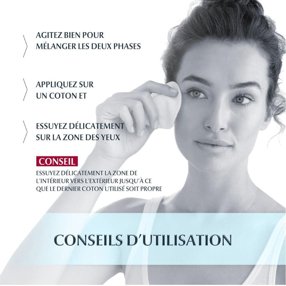Gebruiksaanwijzing voor Eucerin DermatoCLEAN Oogmake-up Remover. Vrouw met wattenschijfje.