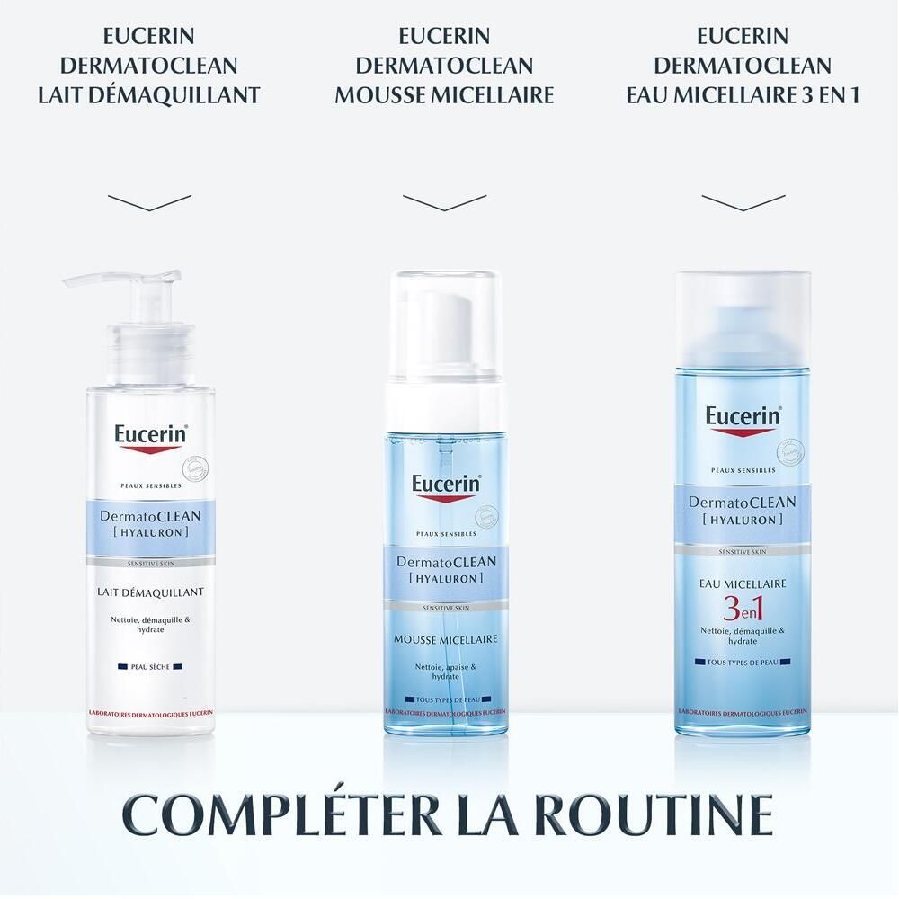 Eucerin DermatoCLEAN productlijn. Drie producten: reinigingsmelk, schuim, micellair water.